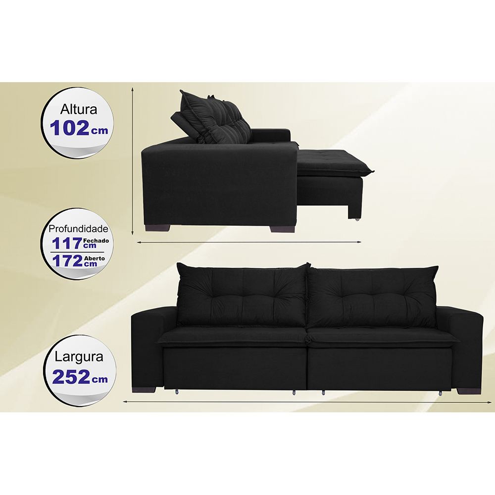 Sofá Austrália 2,52 Mts Retrátil, Reclinável Com Molas e Pillow no Assento Tecido Suede Preto - Cama InBox
