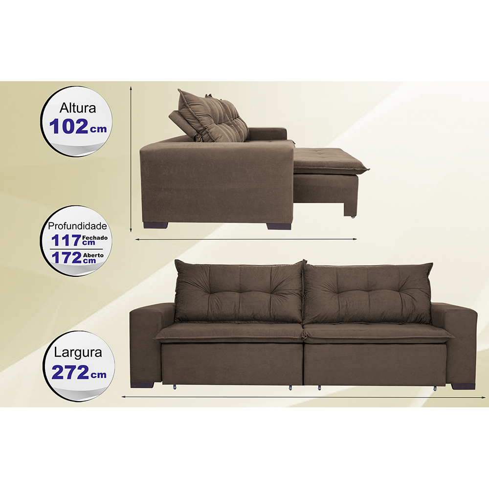 Sofá Austrália 2,72 Mts Retrátil, Reclinável Com Molas e Pillow no Assento Tecido Suede Café - Cama InBox