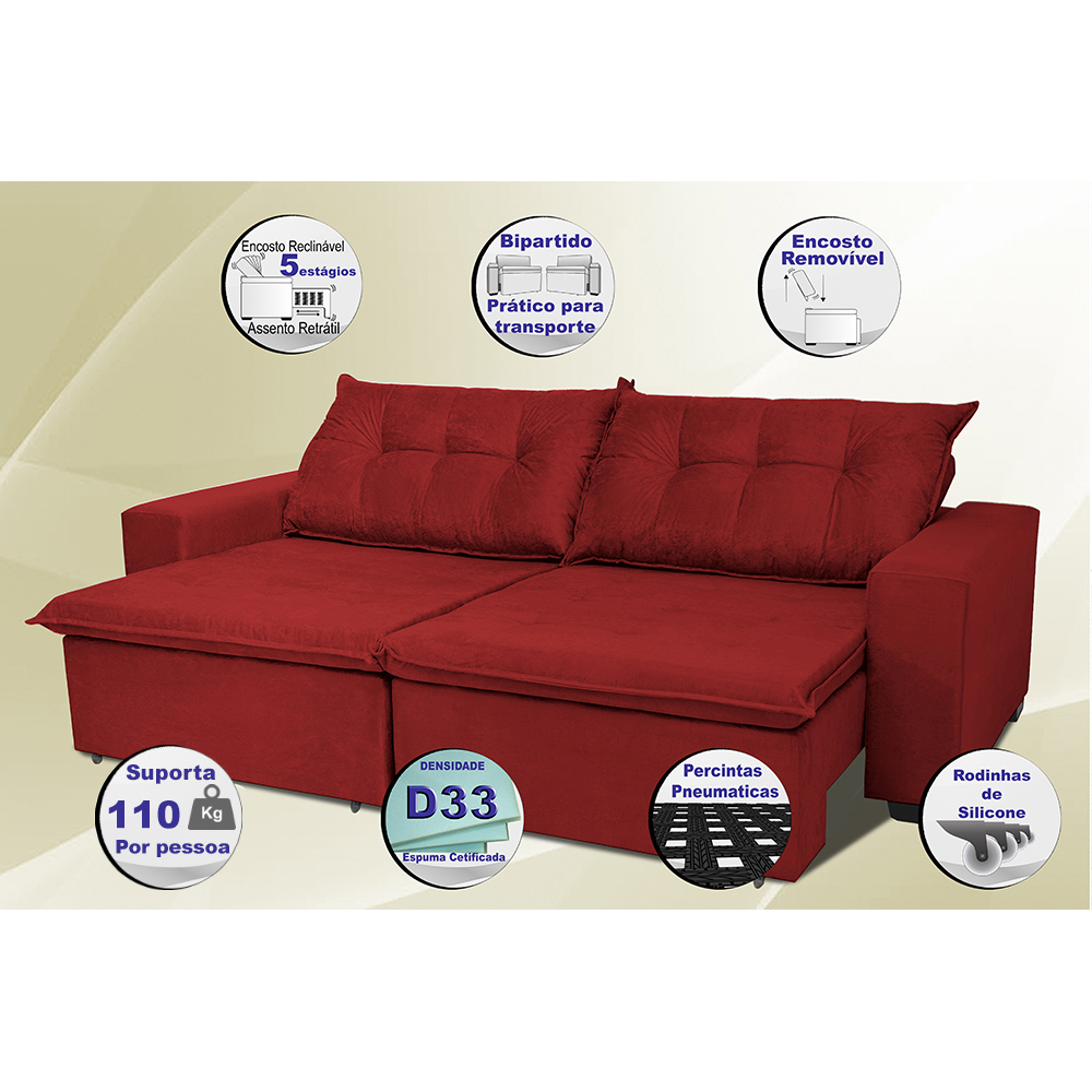 Sofá Austrália 2,72 Mts Retrátil, Reclinável Com Molas e Pillow no Assento Tecido Suede Vermelho- Cama InBox