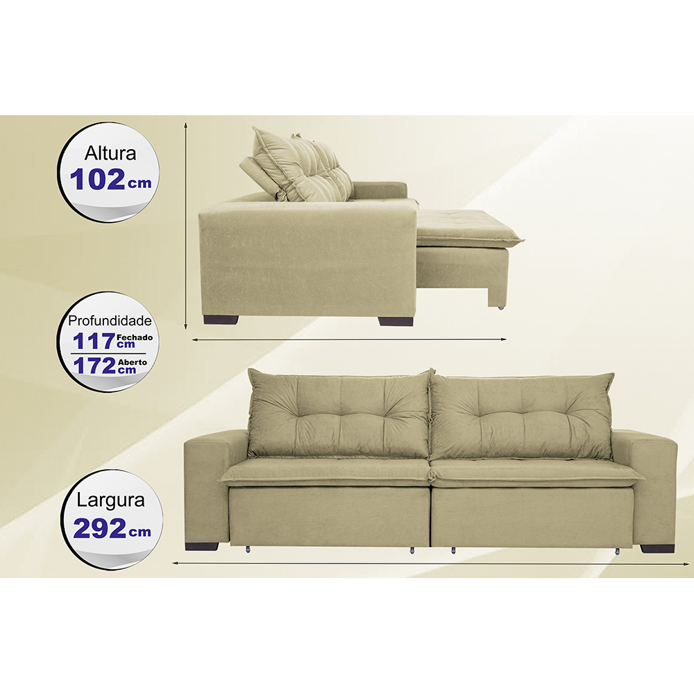 Sofá Austrália 2,92 Mts Retrátil, Reclinável Com Molas e Pillow no Assento Tecido Suede Castor - Cama InBox