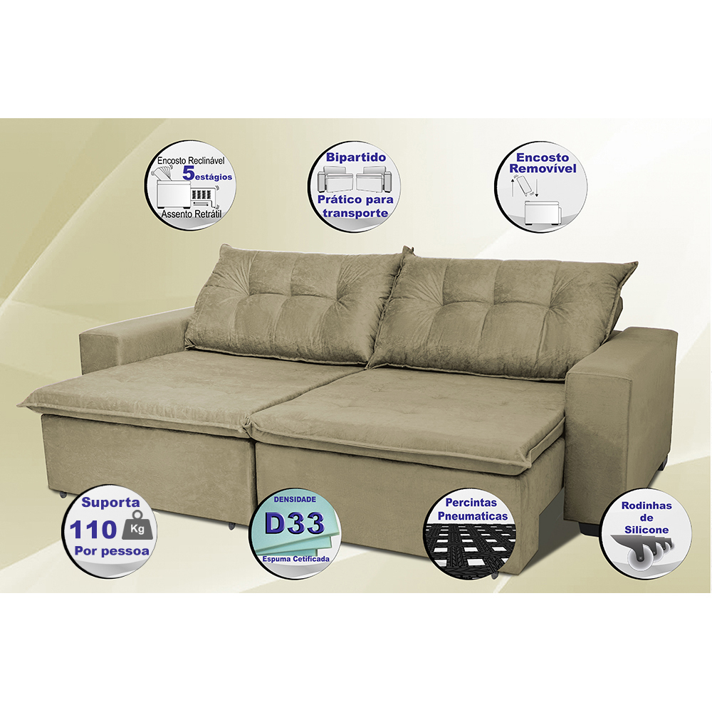 Sofá Austrália 2,92 Mts Retrátil, Reclinável Com Molas e Pillow no Assento Tecido Suede Castor - Cama InBox