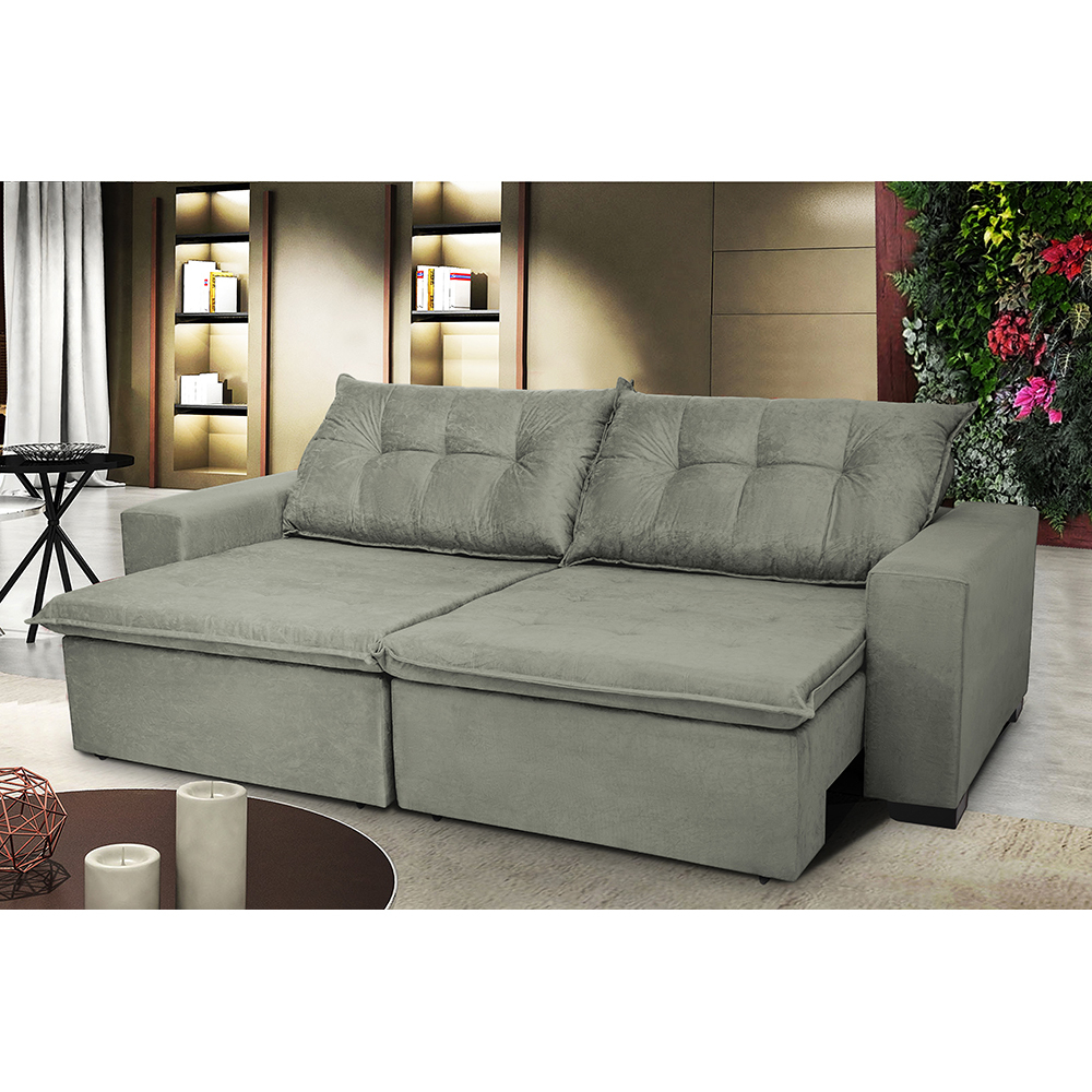 Sofá Austrália 2,92 Mts Retrátil, Reclinável Com Molas e Pillow no Assento Tecido Suede Cinza - Cama InBox
