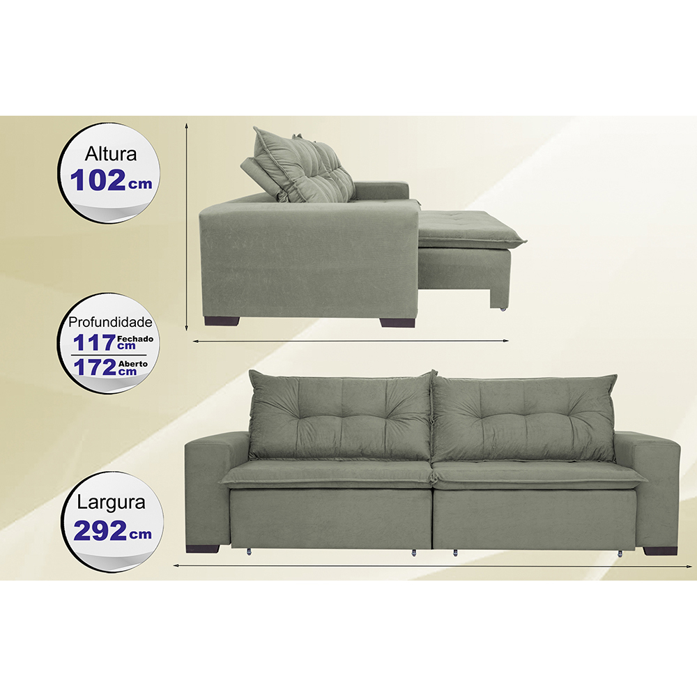 Sofá Austrália 2,92 Mts Retrátil, Reclinável Com Molas e Pillow no Assento Tecido Suede Cinza - Cama InBox
