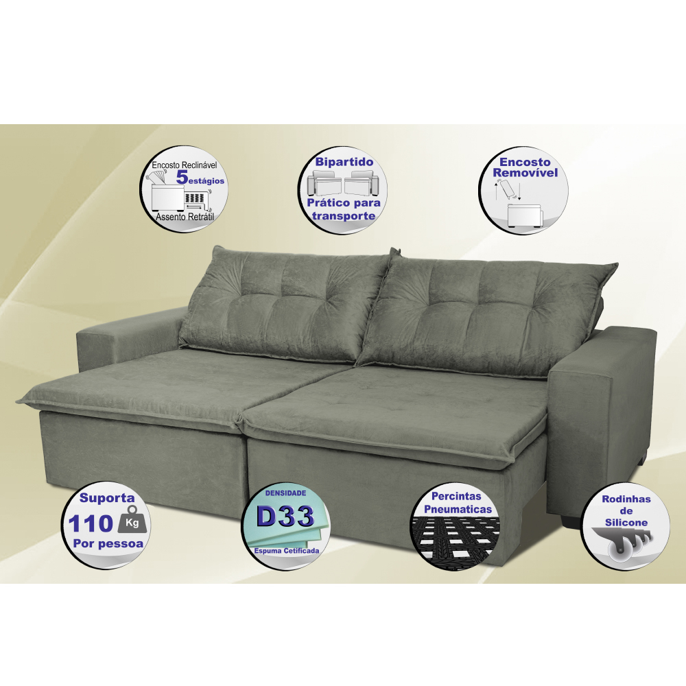 Sofá Austrália 2,92 Mts Retrátil, Reclinável Com Molas e Pillow no Assento Tecido Suede Cinza - Cama InBox