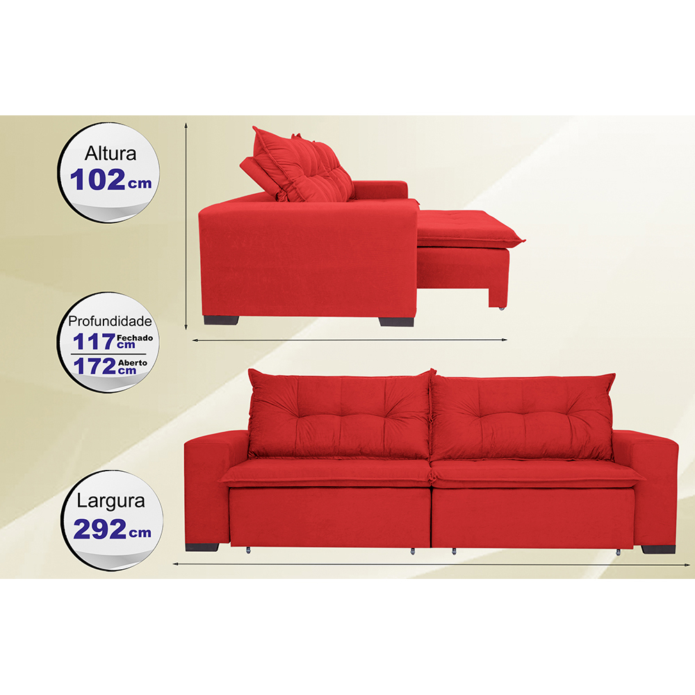 Sofá Austrália 2,92 Mts Retrátil, Reclinável Com Molas e Pillow no Assento Tecido Suede Vermelho- Cama InBox