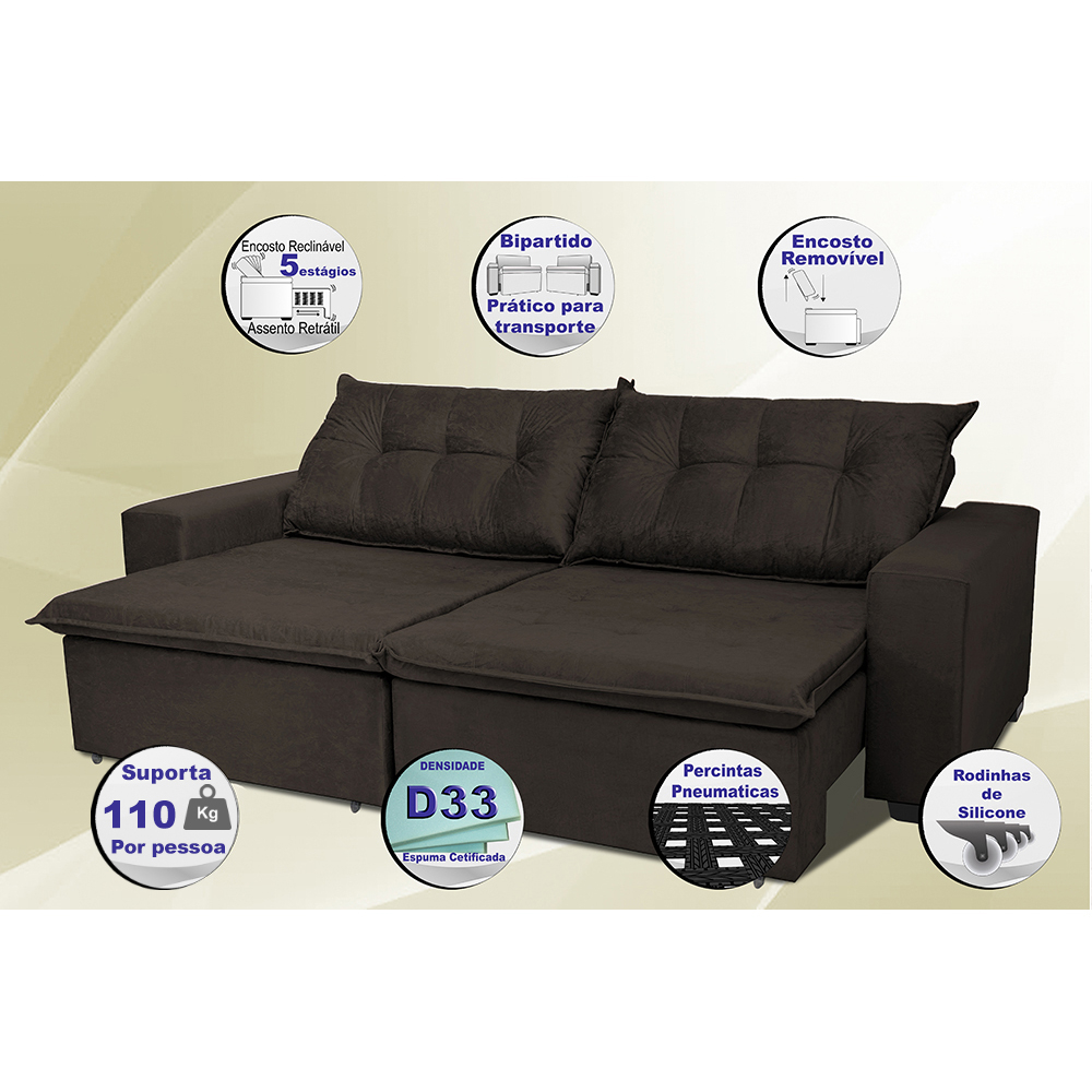 Sofá Austrália 3,12 Mts Retrátil, Reclinável Com Molas e Pillow no Assento Tecido Suede Café - Cama InBox