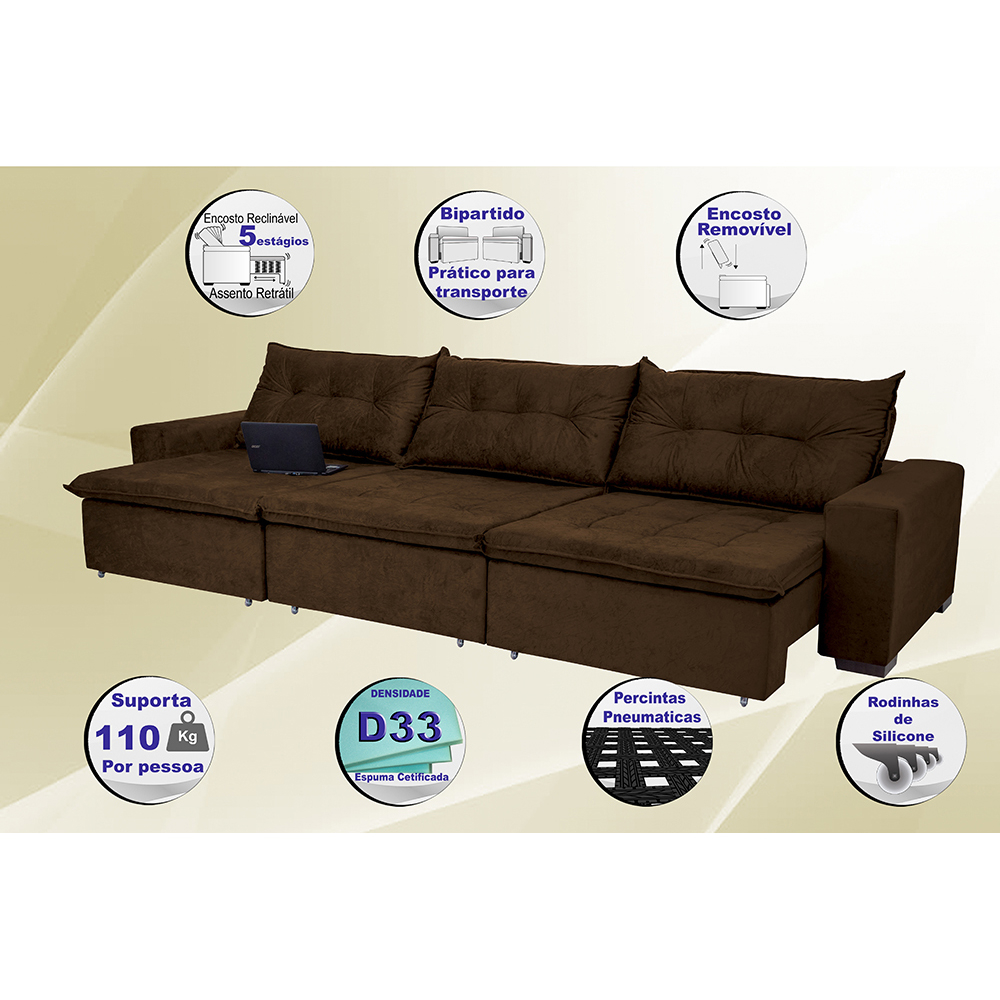 Sofá Austrália 3,82 Mts Retrátil, Reclinável Com Molas e Pillow no Assento Tecido Suede Café - Cama InBox