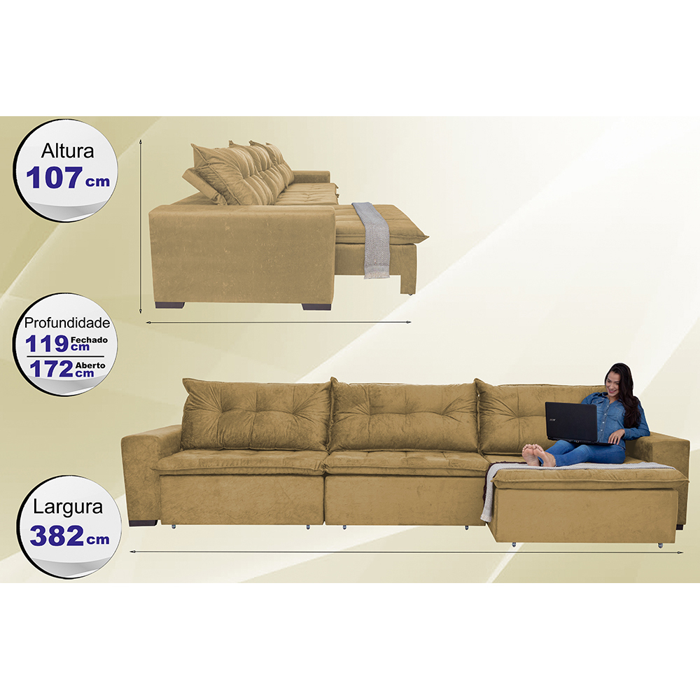 Sofá Austrália 3,82 Mts Retrátil, Reclinável Com Molas e Pillow no Assento Tecido Suede Castor - Cama InBox