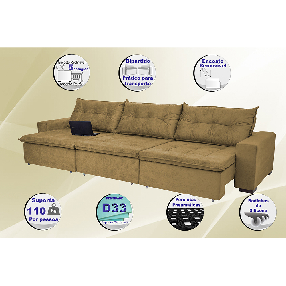 Sofá Austrália 3,82 Mts Retrátil, Reclinável Com Molas e Pillow no Assento Tecido Suede Castor - Cama InBox