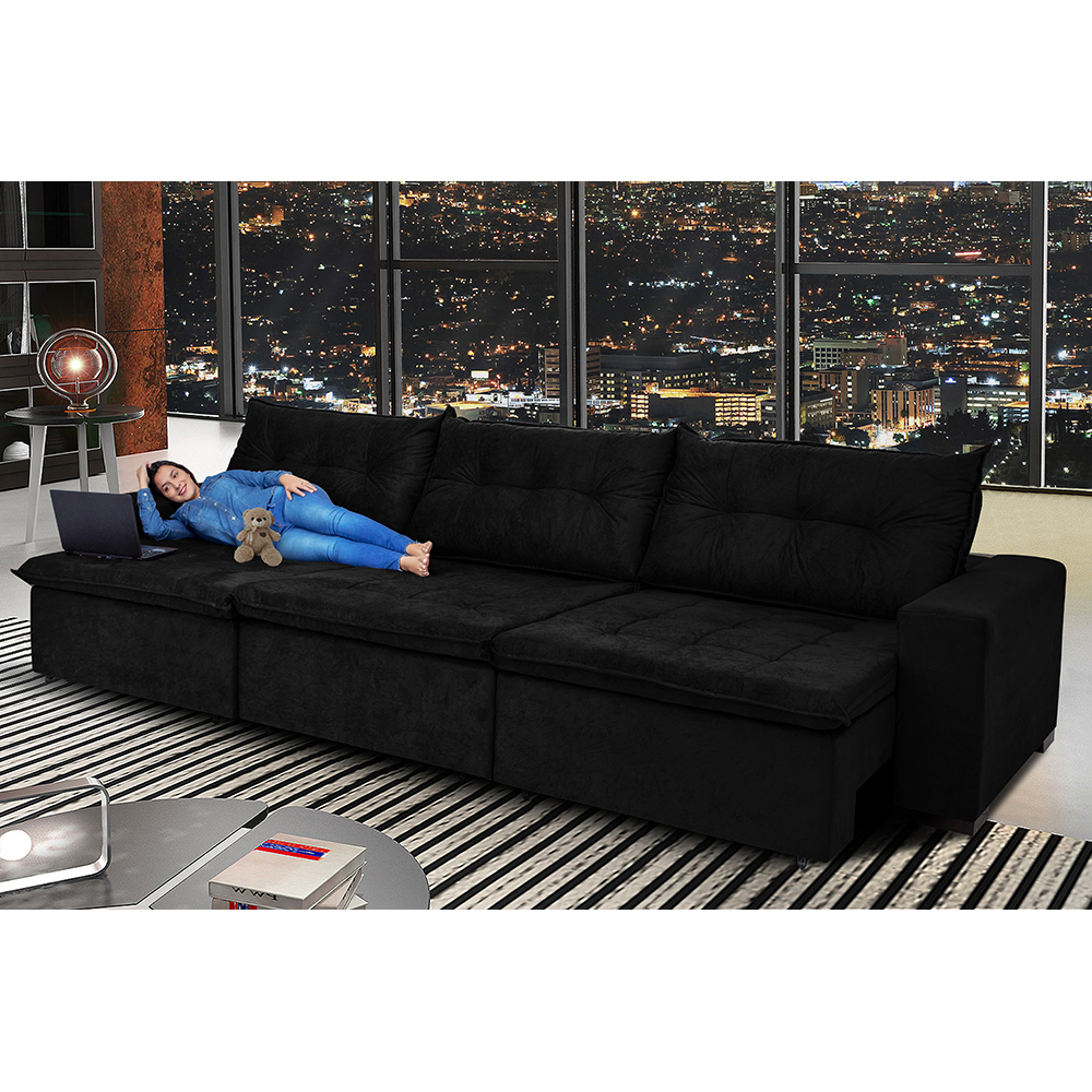 Sofá Austrália 3,82 Mts Retrátil, Reclinável Com Molas e Pillow no Assento Tecido Suede Preto- Cama InBox