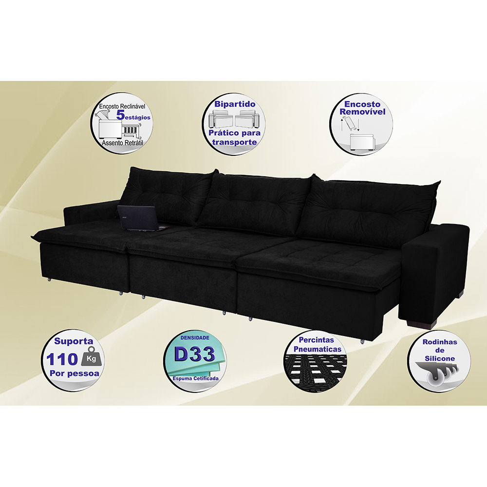 Sofá Austrália 3,82 Mts Retrátil, Reclinável Com Molas e Pillow no Assento Tecido Suede Preto- Cama InBox
