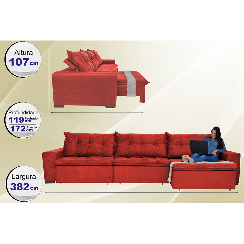 Sofá Austrália 3,82 Mts Retrátil, Reclinável Com Molas e Pillow no Assento Tecido Suede Vermelho- Cama InBox