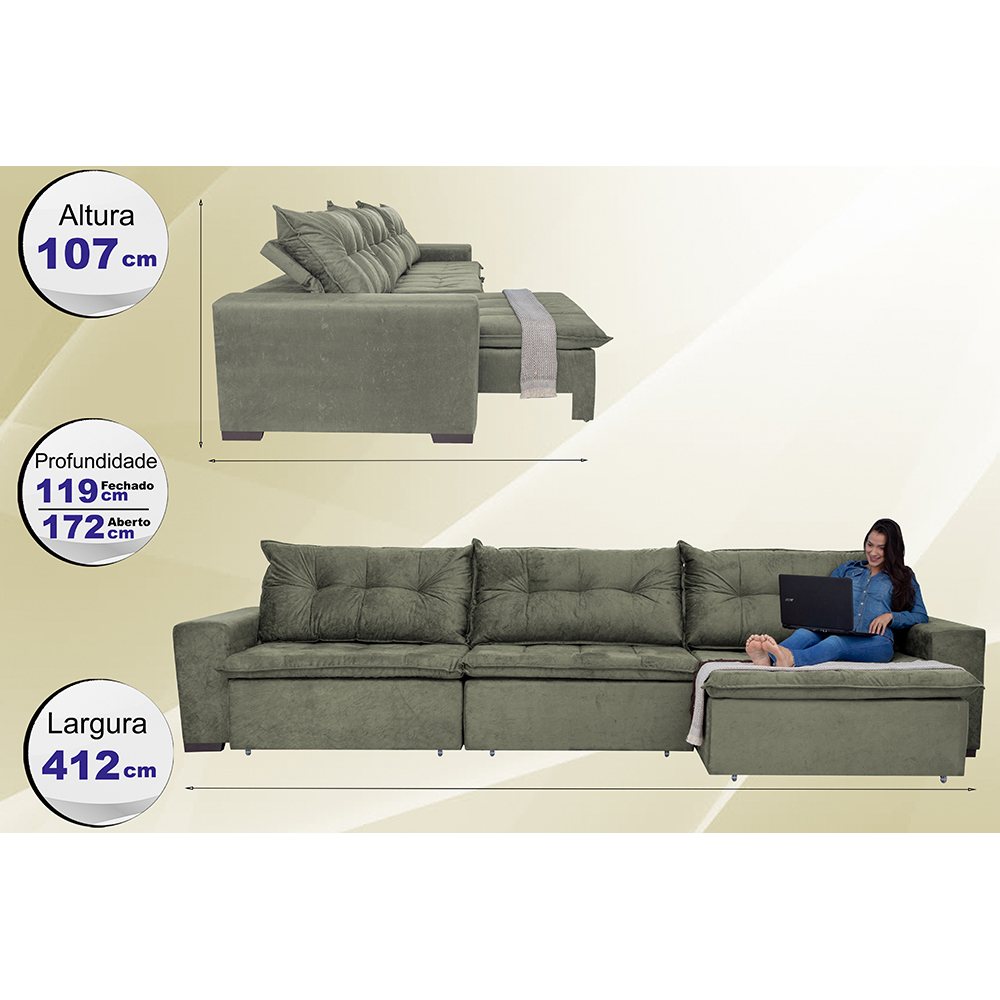 Sofá Austrália 4,12 Mts Retrátil, Reclinável Com Molas e Pillow no Assento Tecido Suede Cinza - Cama InBox