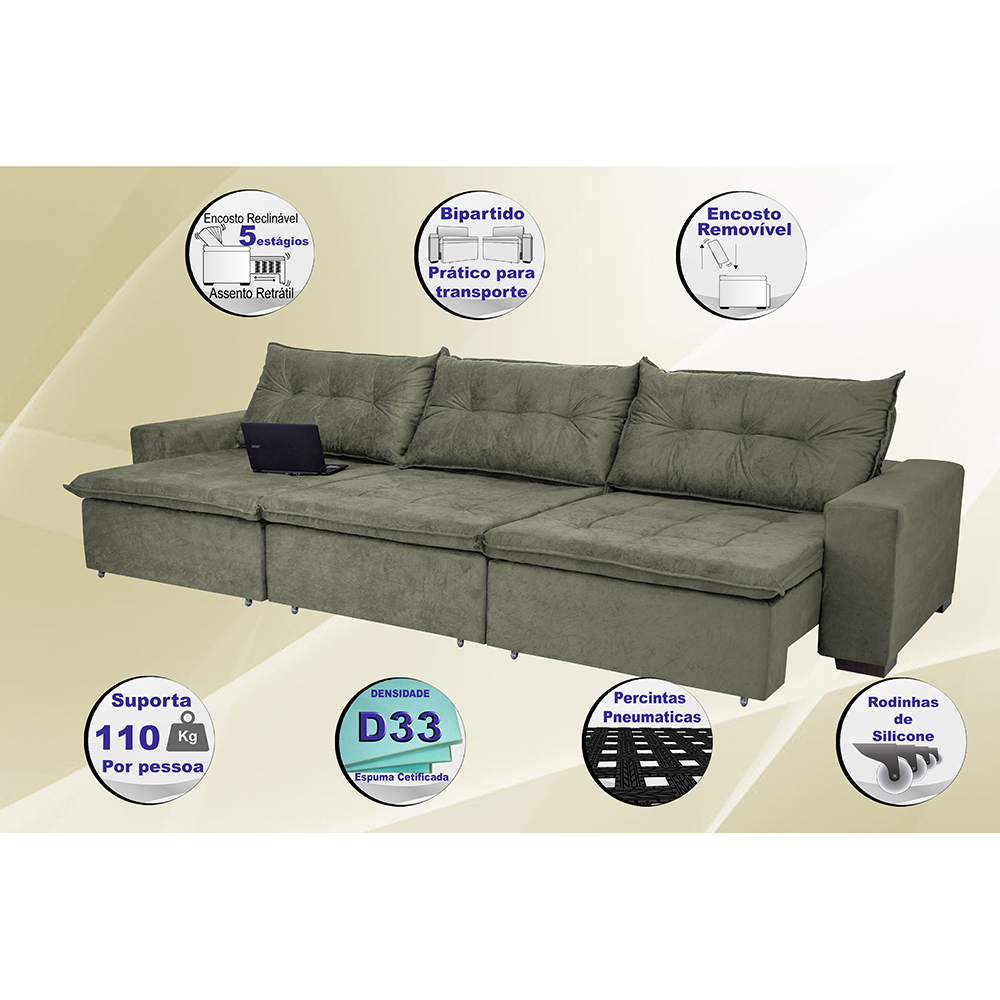 Sofá Austrália 4,12 Mts Retrátil, Reclinável Com Molas e Pillow no Assento Tecido Suede Cinza - Cama InBox