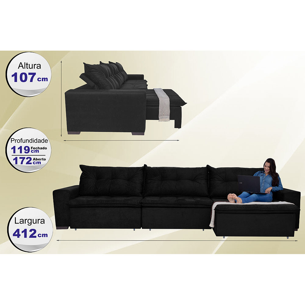 Sofá Austrália 4,12 Mts Retrátil, Reclinável Com Molas e Pillow no Assento Tecido Suede Preto- Cama InBox