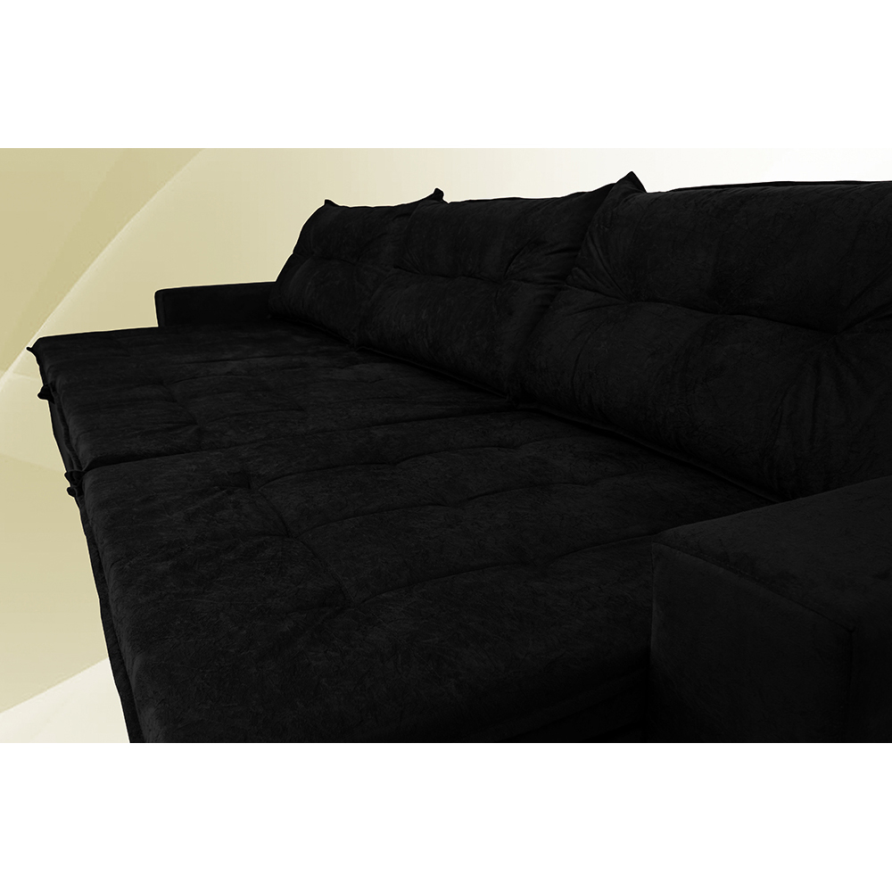 Sofá Austrália 4,12 Mts Retrátil, Reclinável Com Molas e Pillow no Assento Tecido Suede Preto- Cama InBox