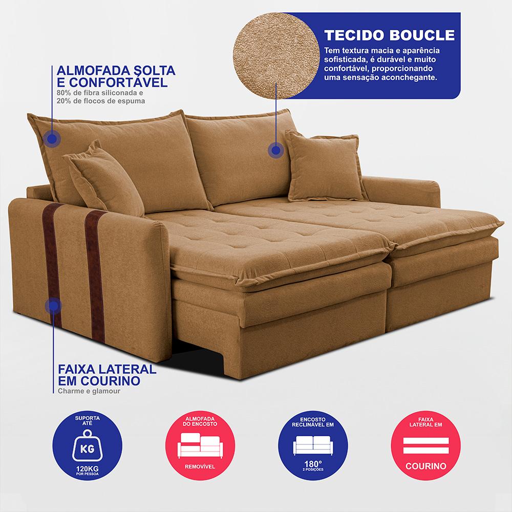 Sofá Baú Sem Caixa Retrátil 1,80m SoftGel Bonnie Boucle Caramelo Cama inBox
