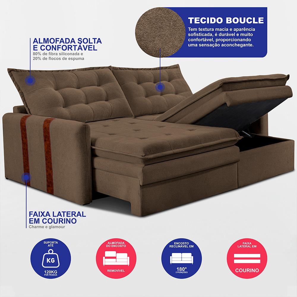 Sofá Baú Sem Caixa Retrátil 1,80m SoftGel Petit Boucle Marrom Cama inBox