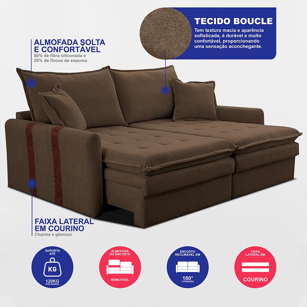 Sofá Baú Sem Caixa Retrátil 2,00m SoftGel Bonnie Boucle Marrom Cama inBox