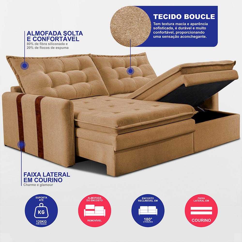 Sofá Baú Sem Caixa Retrátil 2,00m SoftGel Petit Boucle Caramelo Cama inBox