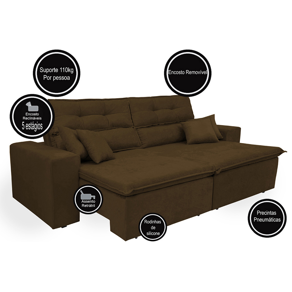 Sofá Cairo 1,82m Retrátil, Reclinável com 4 Almofadas Tecido Suede Café - Cama InBox