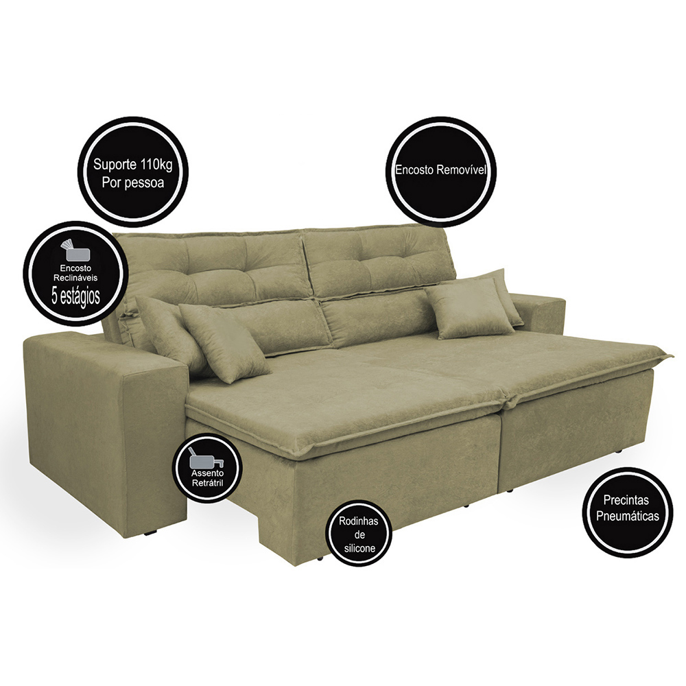 Sofá Cairo 1,82m Retrátil, Reclinável com 4 Almofadas Tecido Suede Castor - Cama InBox