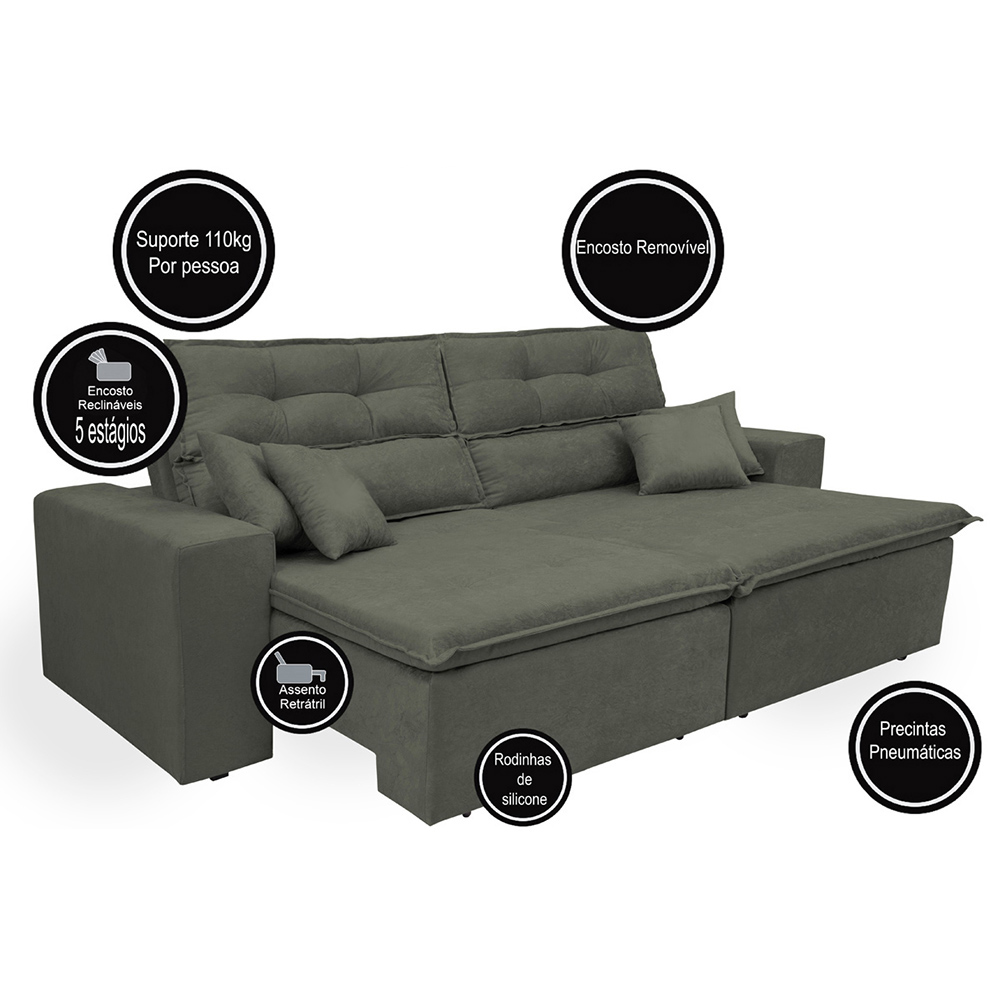Sofá Cairo 1,82m Retrátil, Reclinável com 4 Almofadas Tecido Suede Cinza - Cama InBox