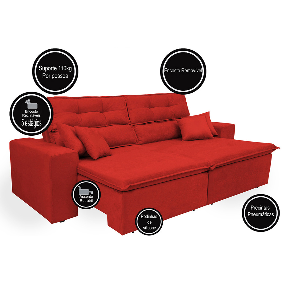 Sofá Cairo 1,82m Retrátil, Reclinável com 4 Almofadas Tecido Suede Vermelho - Cama InBox
