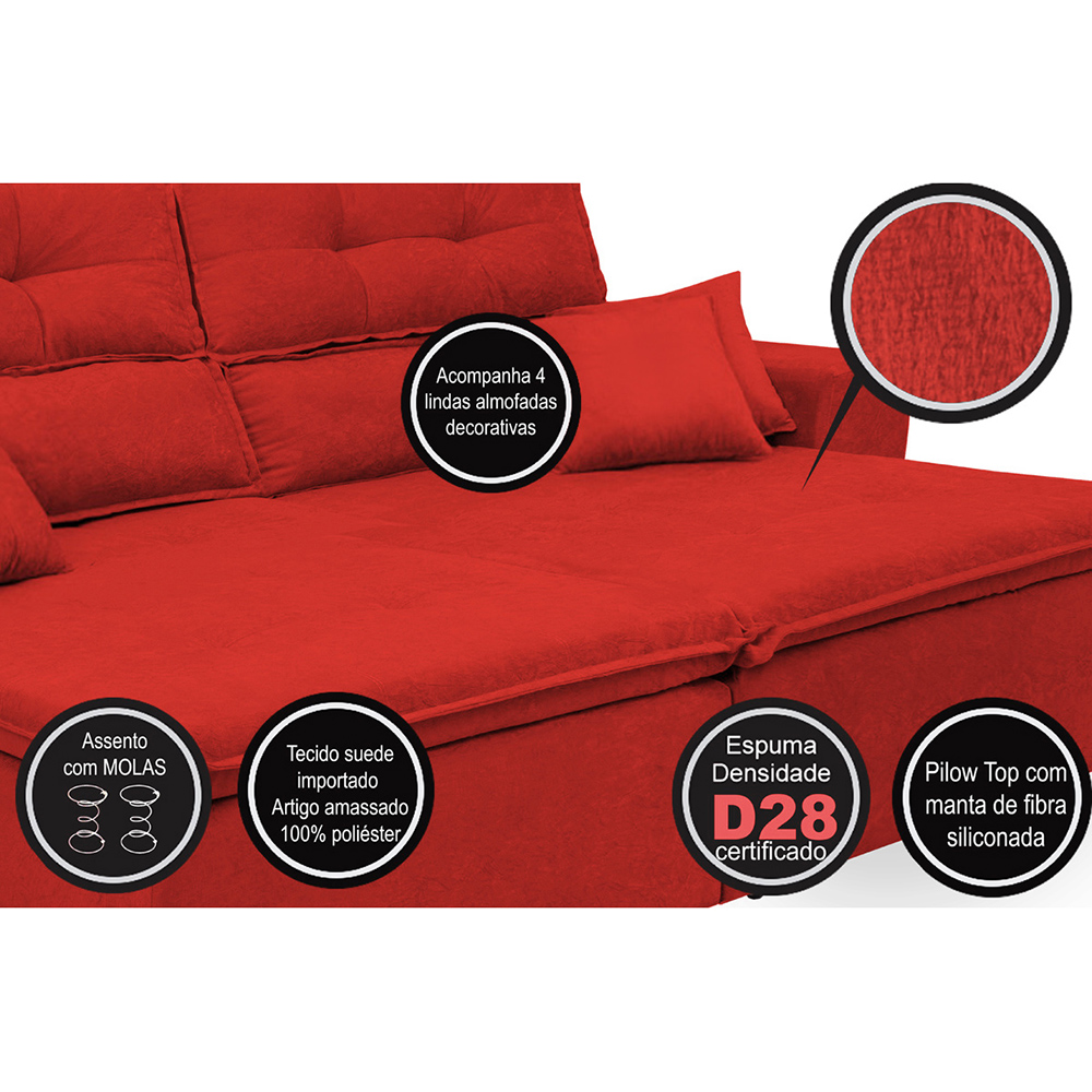 Sofá Cairo 1,82m Retrátil, Reclinável com 4 Almofadas Tecido Suede Vermelho - Cama InBox