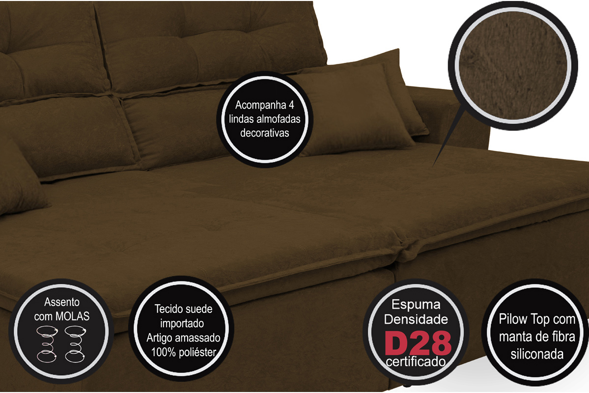 Sofá Cairo 2,02m Retrátil, Reclinável com 4 Almofadas Tecido Suede Café - Cama InBox