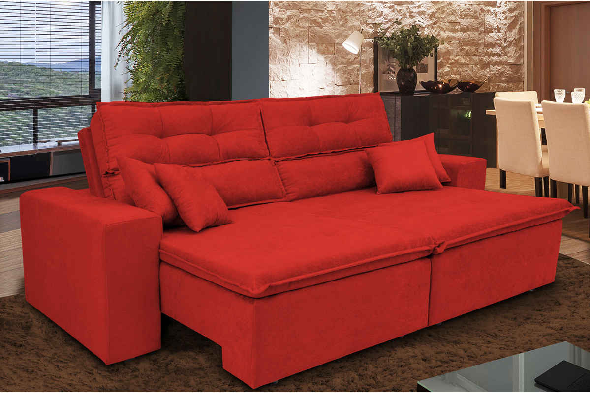 Sofá Cairo 2,02m Retrátil, Reclinável com 4 Almofadas Tecido Suede Vermelho - Cama InBox
