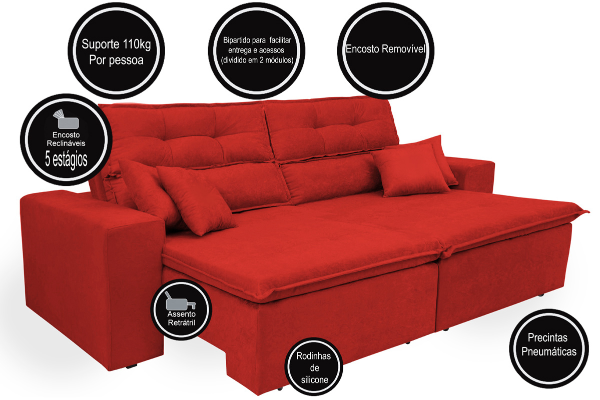 Sofá Cairo 2,02m Retrátil, Reclinável com 4 Almofadas Tecido Suede Vermelho - Cama InBox