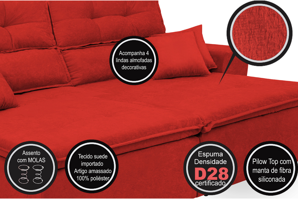 Sofá Cairo 2,02m Retrátil, Reclinável com 4 Almofadas Tecido Suede Vermelho - Cama InBox