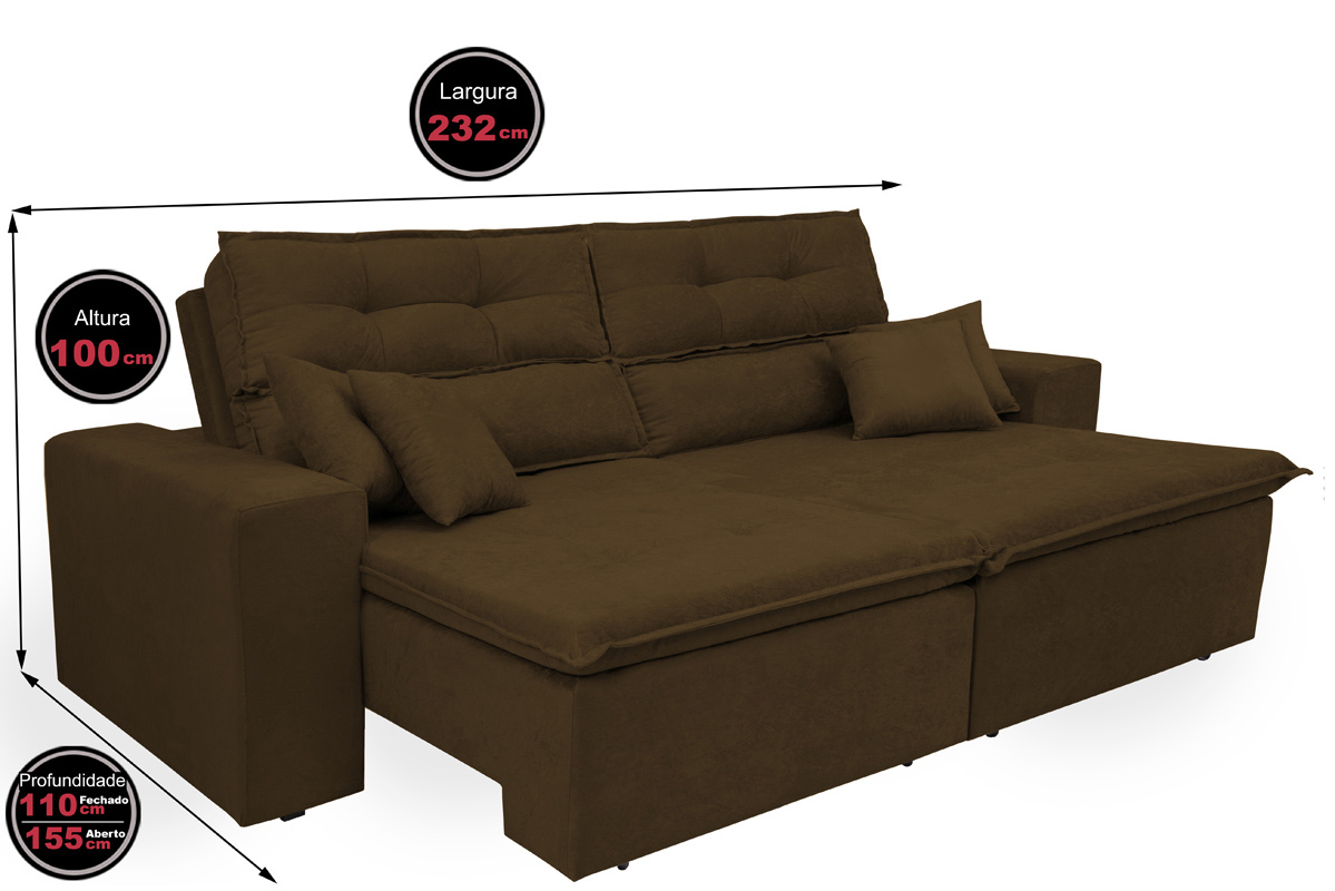Sofá Cairo 2,32m Retrátil, Reclinável com 4 Almofadas Tecido Suede Café - Cama InBox