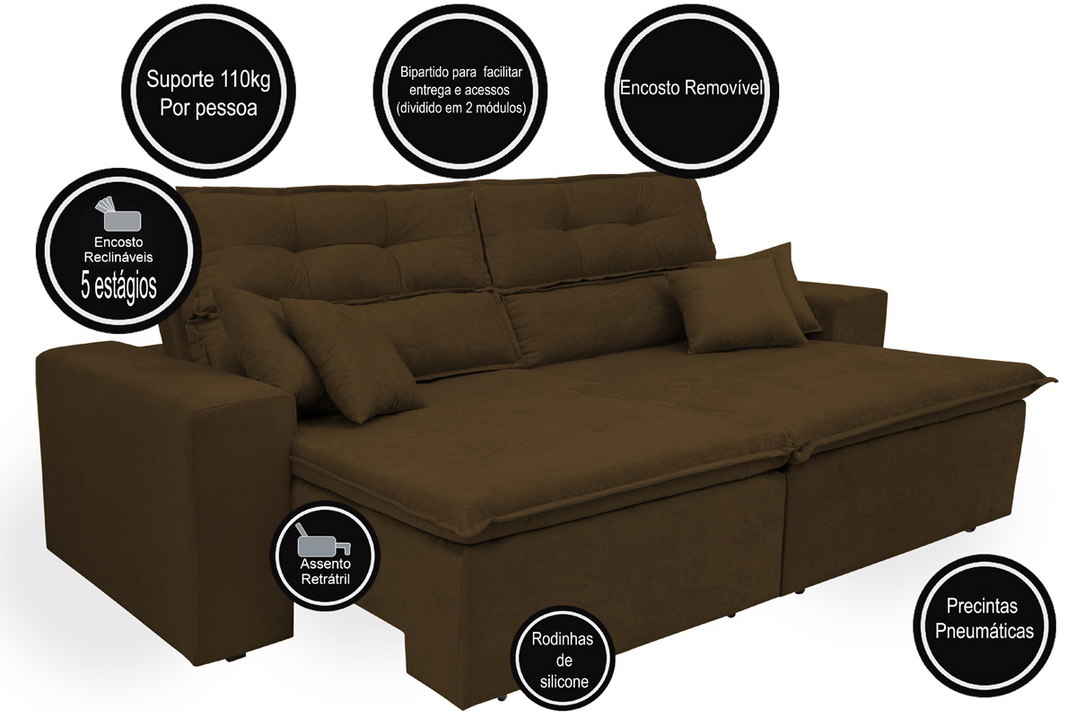 Sofá Cairo 2,52m Retrátil, Reclinável com 4 Almofadas Tecido Suede Café - Cama InBox