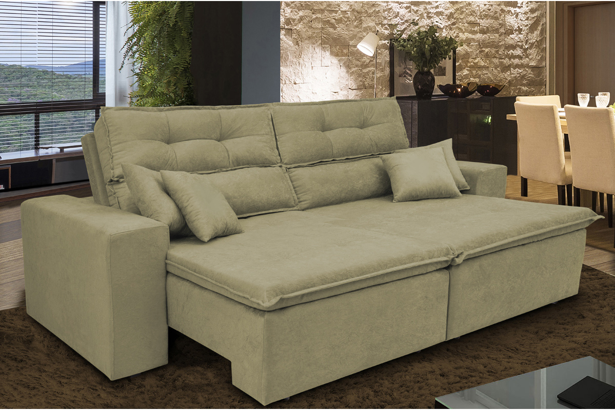 Sofá Cairo 2,52m Retrátil, Reclinável com 4 Almofadas Tecido Suede Castor - Cama InBox