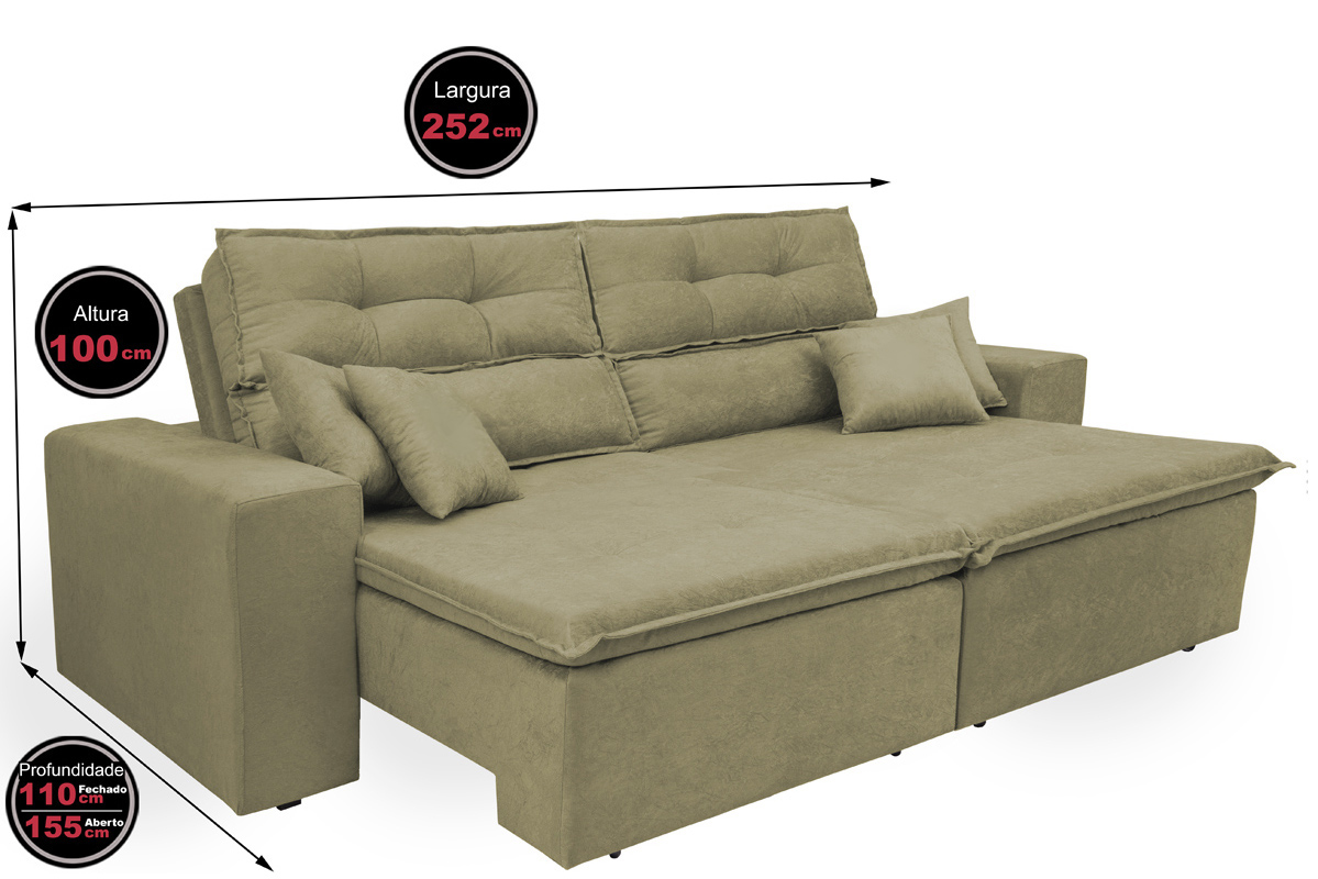 Sofá Cairo 2,52m Retrátil, Reclinável com 4 Almofadas Tecido Suede Castor - Cama InBox