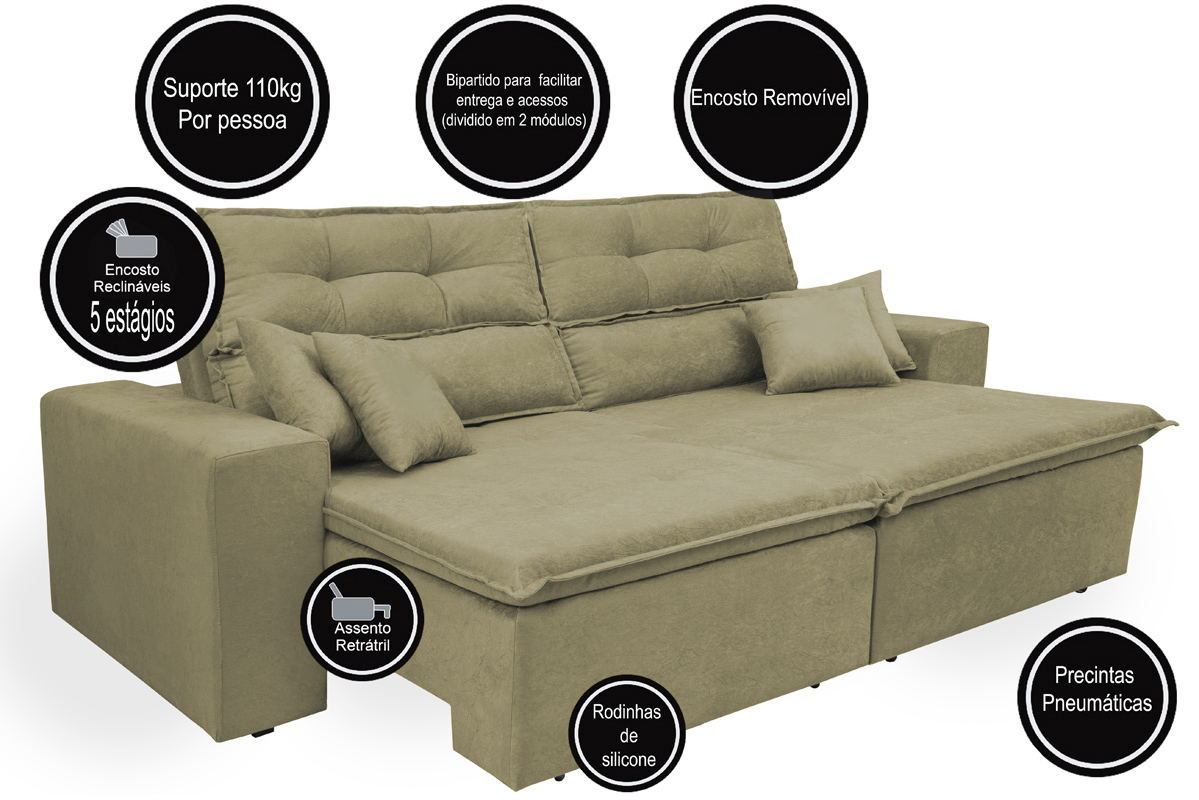 Sofá Cairo 2,52m Retrátil, Reclinável com 4 Almofadas Tecido Suede Castor - Cama InBox