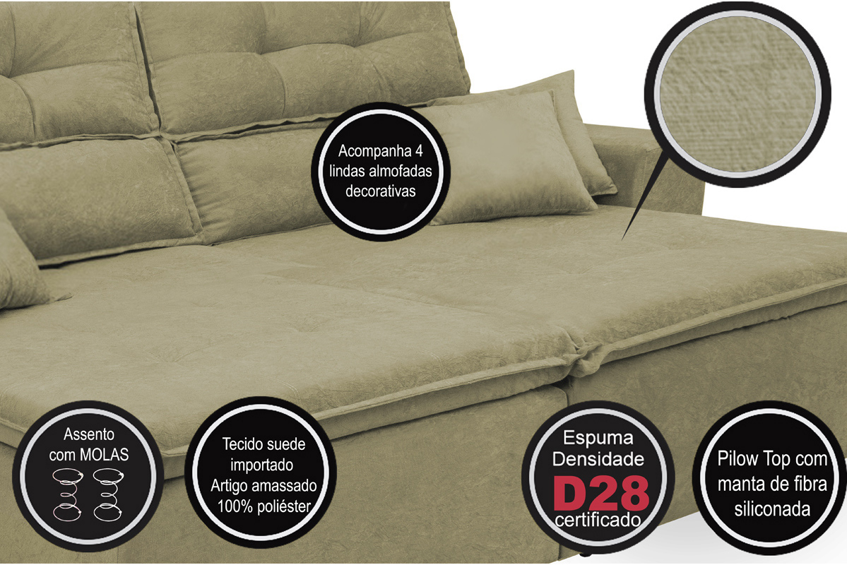 Sofá Cairo 2,52m Retrátil, Reclinável com 4 Almofadas Tecido Suede Castor - Cama InBox