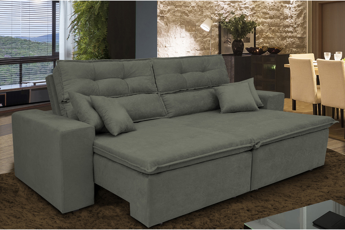 Sofá Cairo 2,52m Retrátil, Reclinável com 4 Almofadas Tecido Suede Cinza - Cama InBox