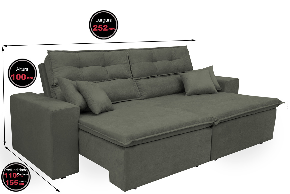 Sofá Cairo 2,52m Retrátil, Reclinável com 4 Almofadas Tecido Suede Cinza - Cama InBox