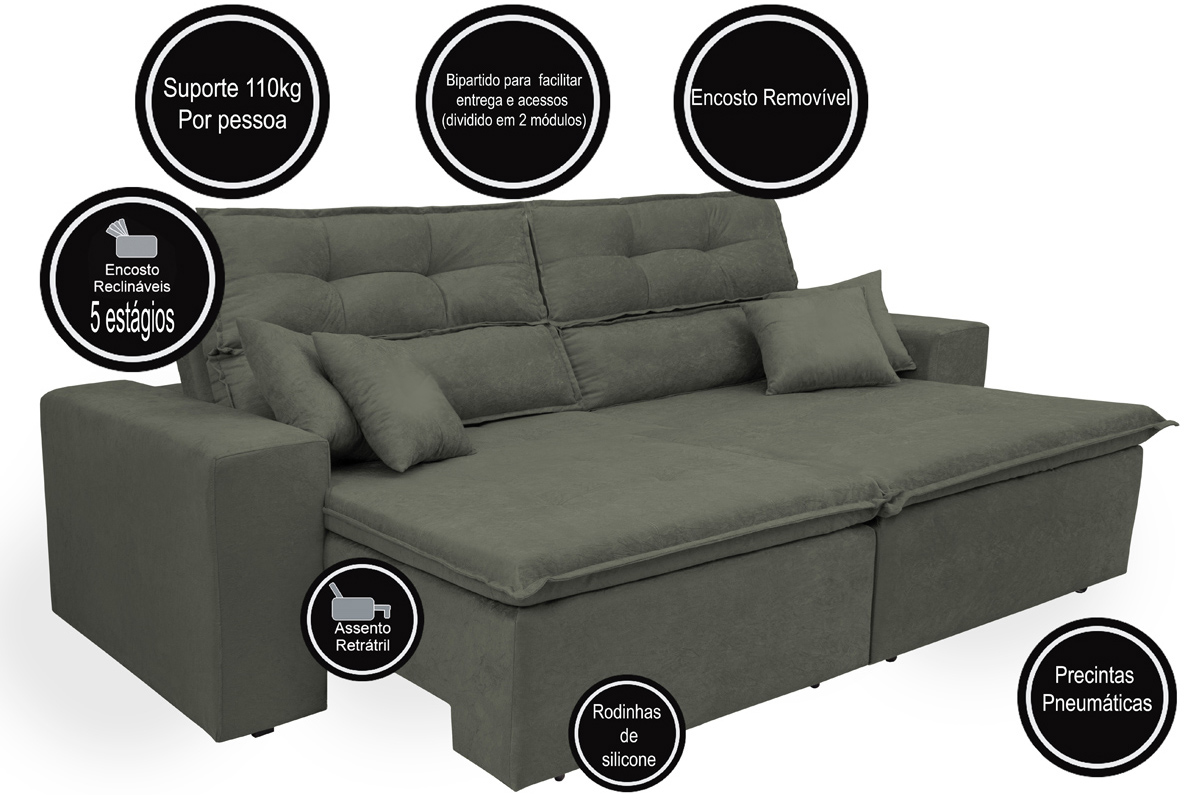Sofá Cairo 2,52m Retrátil, Reclinável com 4 Almofadas Tecido Suede Cinza - Cama InBox