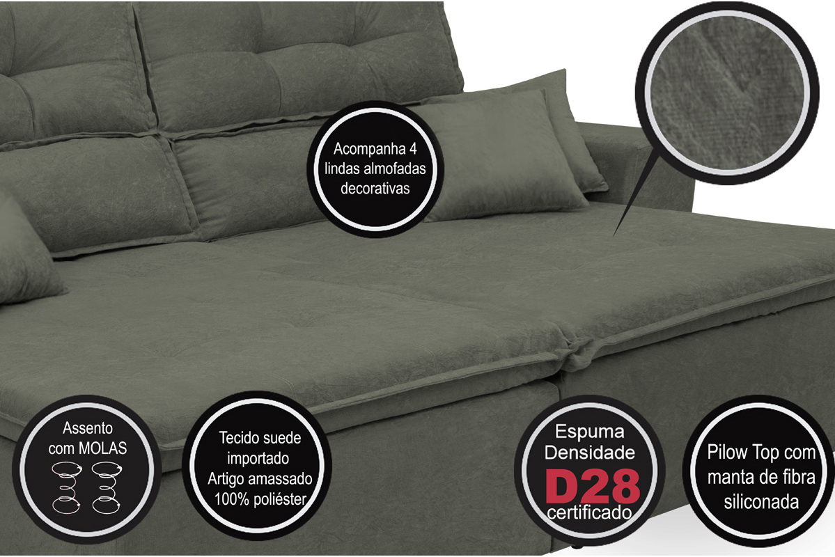 Sofá Cairo 2,52m Retrátil, Reclinável com 4 Almofadas Tecido Suede Cinza - Cama InBox