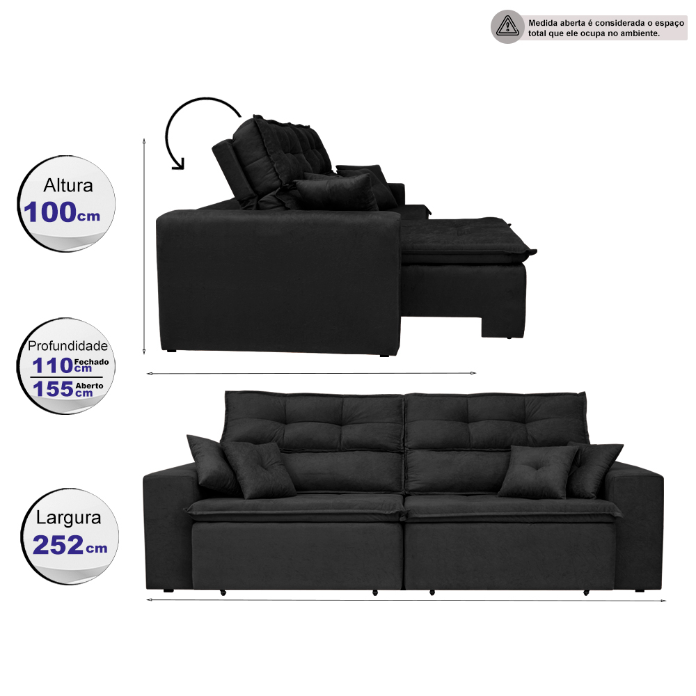Sofá Cairo 2,52m Retrátil, Reclinável com 4 Almofadas Tecido Suede Preto - Cama InBox
