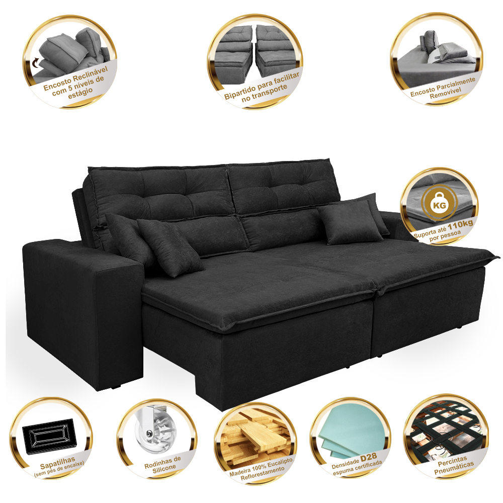 Sofá Cairo 2,52m Retrátil, Reclinável com 4 Almofadas Tecido Suede Preto - Cama InBox