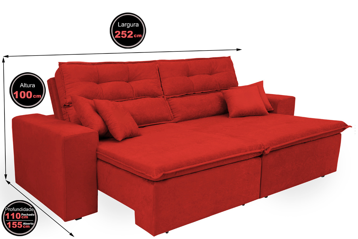 Sofá Cairo 2,52m Retrátil, Reclinável com 4 Almofadas Tecido Suede Vermelho - Cama InBox