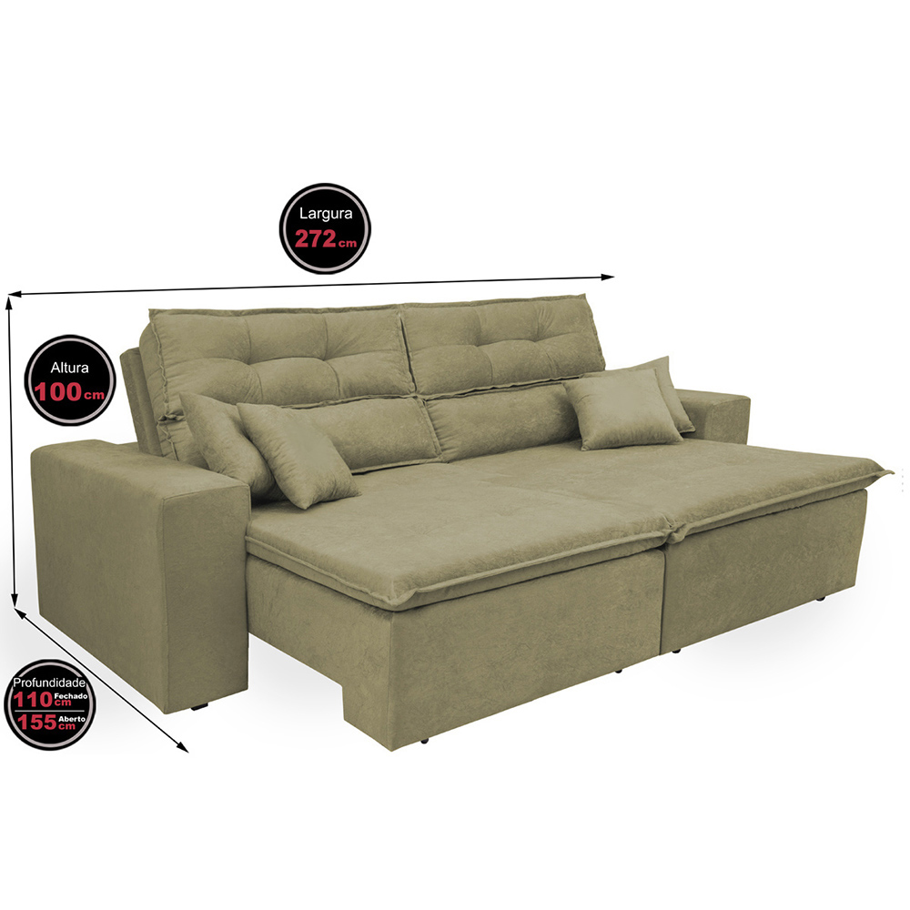 Sofá Cairo 2,72m Retrátil, Reclinável com 4 Almofadas Tecido Suede Castor - Cama InBox