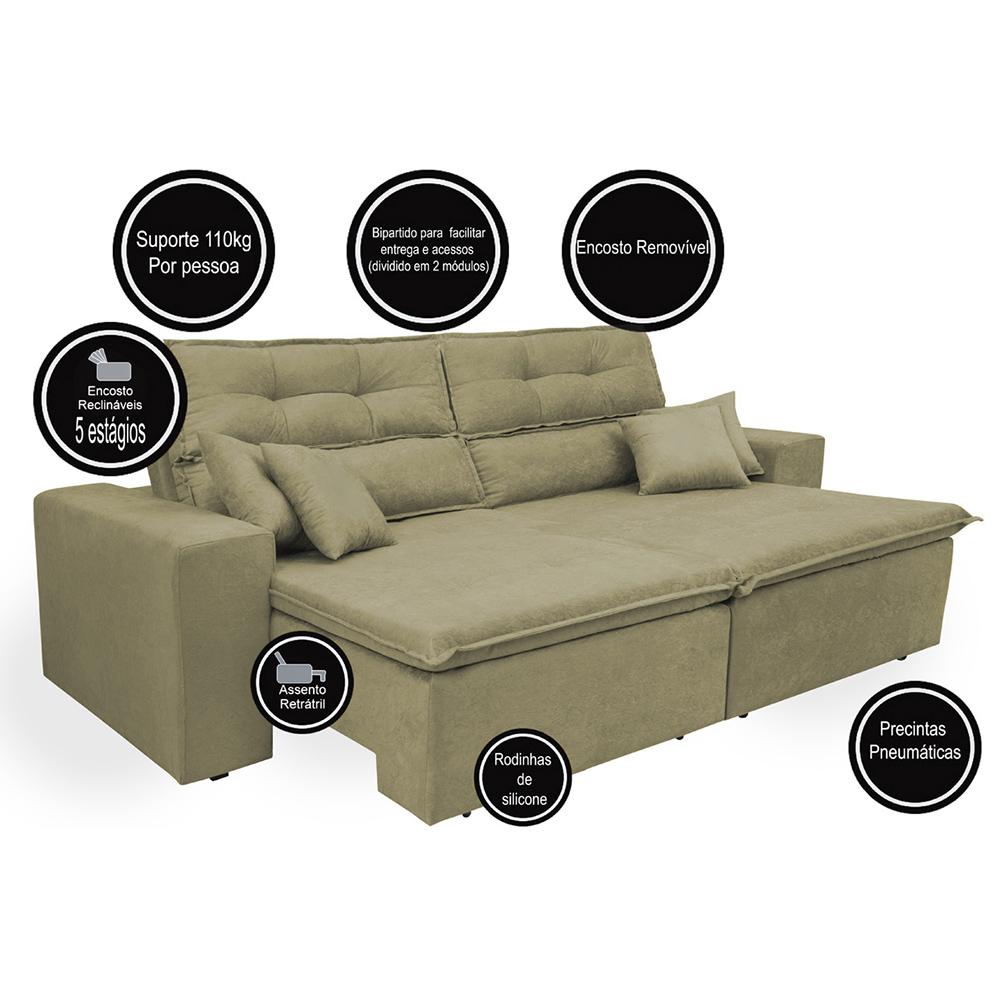 Sofá Cairo 2,72m Retrátil, Reclinável com 4 Almofadas Tecido Suede Castor - Cama InBox