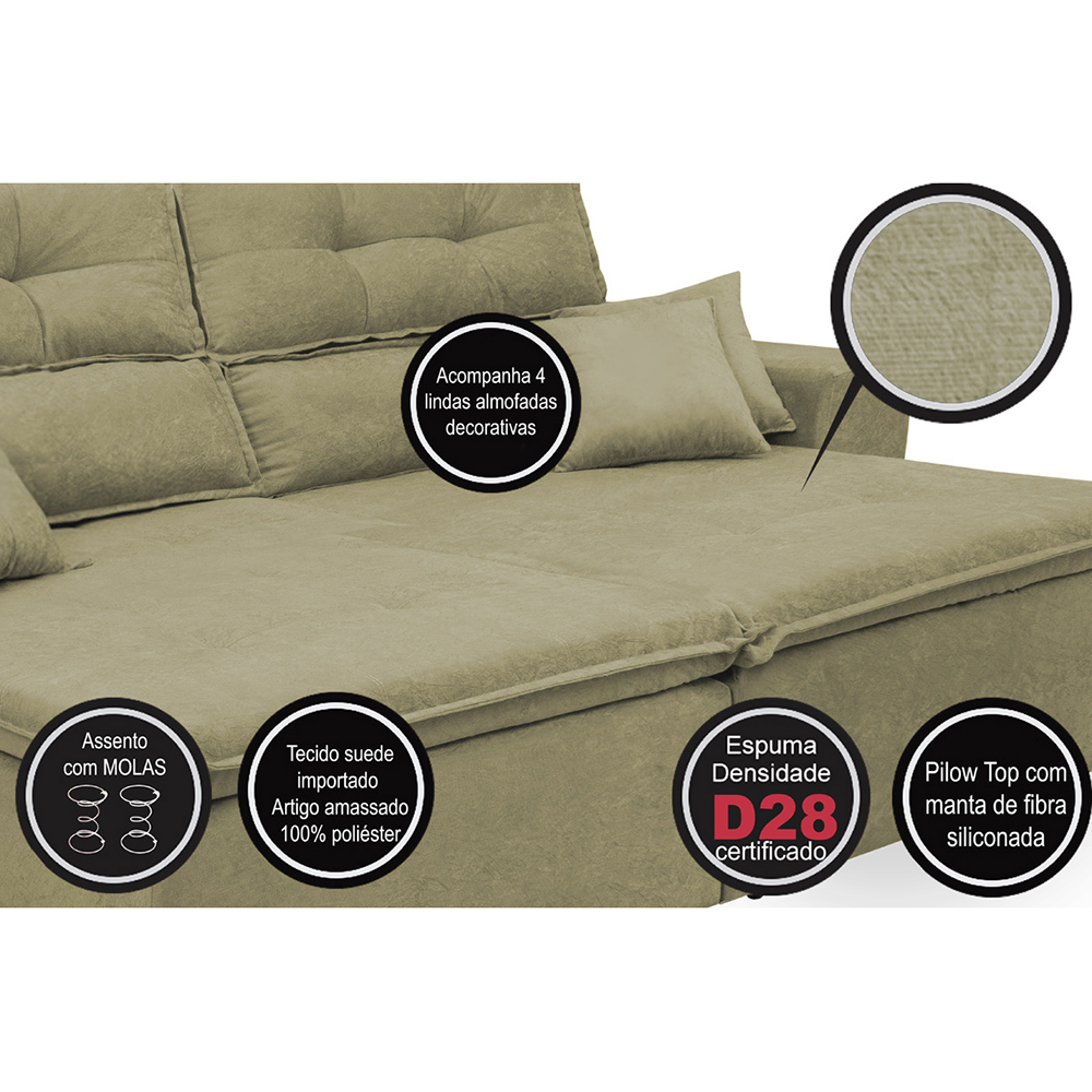 Sofá Cairo 2,72m Retrátil, Reclinável com 4 Almofadas Tecido Suede Castor - Cama InBox
