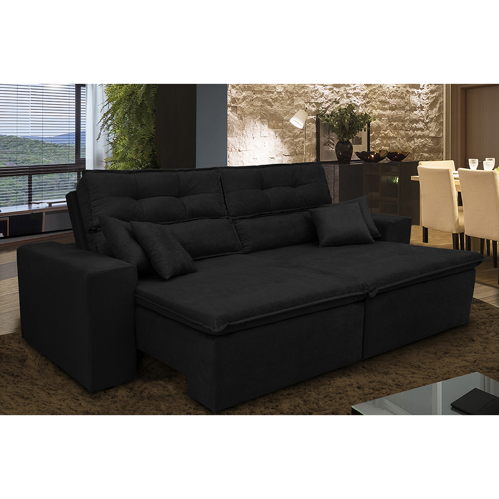 Sofá Cairo 2,72m Retrátil, Reclinável com 4 Almofadas Tecido Suede Preto - Cama InBox